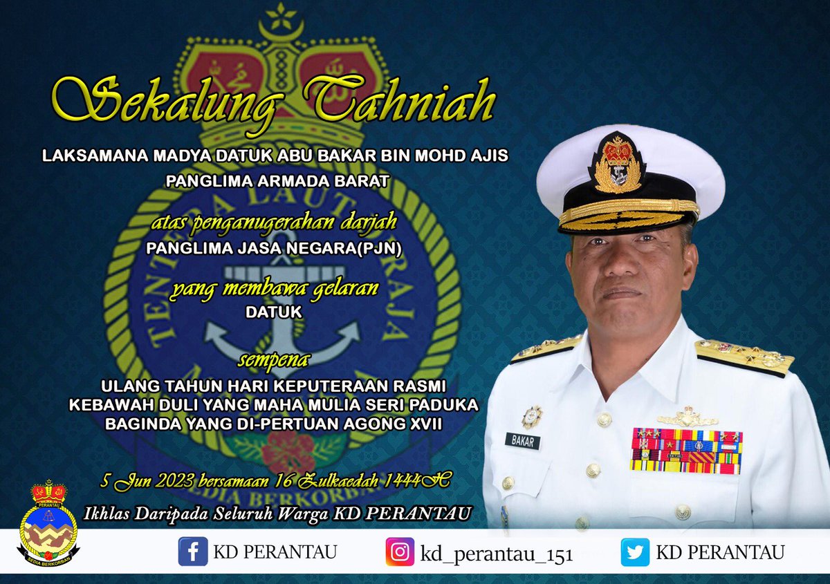 #WanderersCrew151 mengucapkan setinggi-tinggi tahniah kepada Yang Berbahagia Panglima Armada Barat, Laksamana Madya Datuk Abu Bakar bin Md Ajis atas pengurniaan darjah Panglima Jasa Negara yang membawa gelaran Datuk.