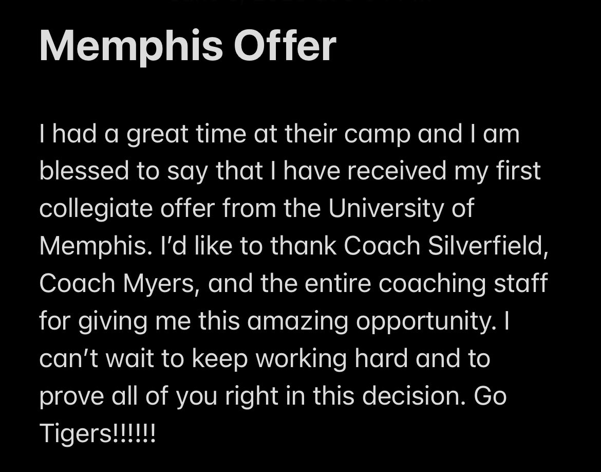 I am blessed to have received my first collegiate offer from the University of Memphis! @RSilverfield @Coach__Myers @MemphisFB @CoachJasonek @Price13Steve @BrianGetchell