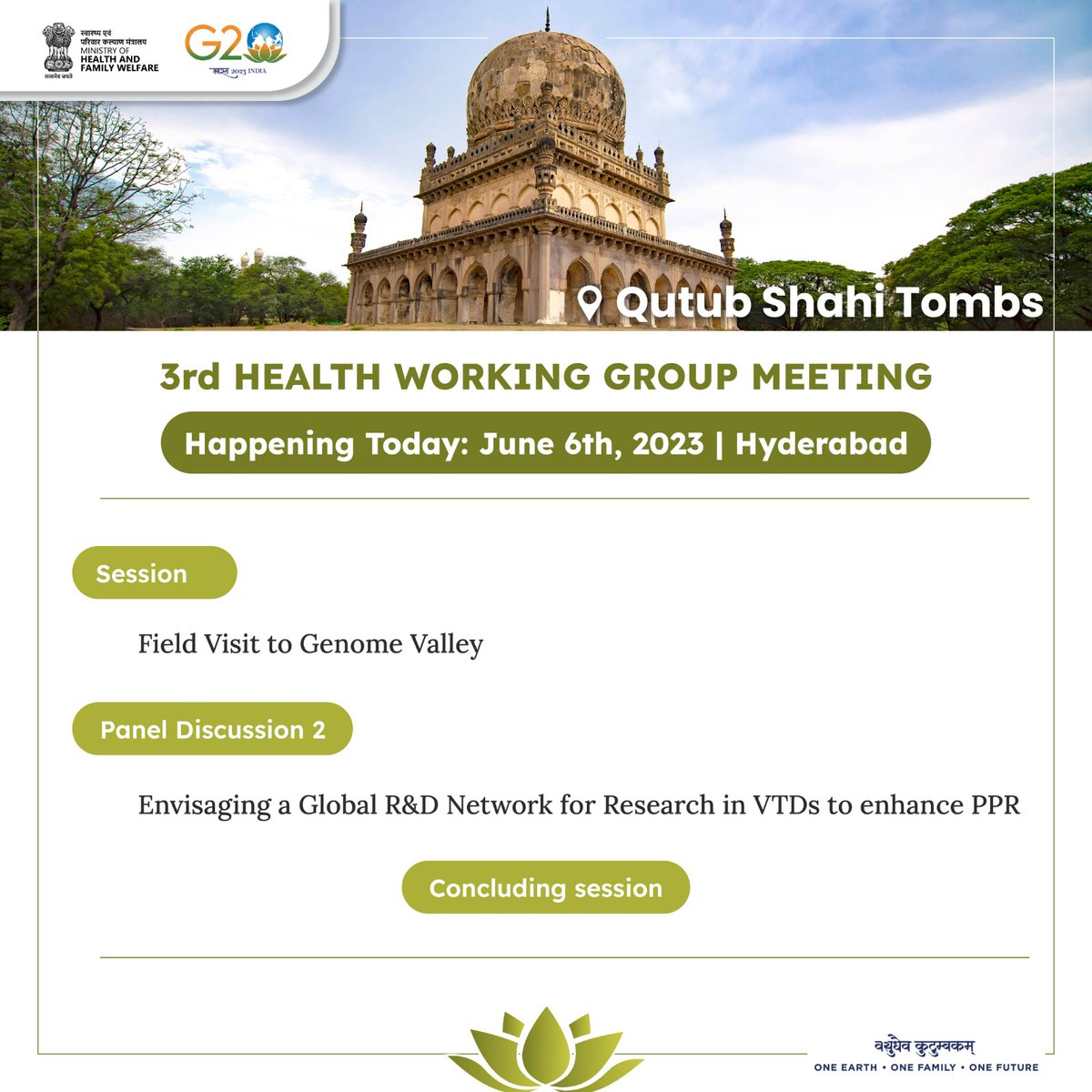 MoHFW_INDIA's tweet photo. #G20India | Day 3 of the 3rd Health Working Group Meeting, Hyderabad.

Today, the delegates will visit National Animal Resource Facility for Biomedical Research (NARFBR) and Indian Council of Medical Research (ICMR) / Bharat Biotech facilities at Genome Valley and will engage in a session on building global R&D network. 

@PMOIndia @g20org