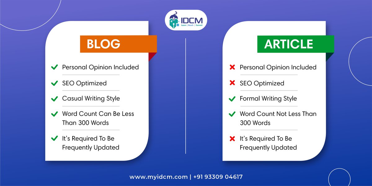 Understand the difference between an Article and a Blog!
To Know More Follow IDCM: ow.ly/yCm850LxkHm
.
.
.
#myIDCM #LearnWithIDCM #DigitalMarketing #IAmDigitalReady #WinningStrokewithIDCM