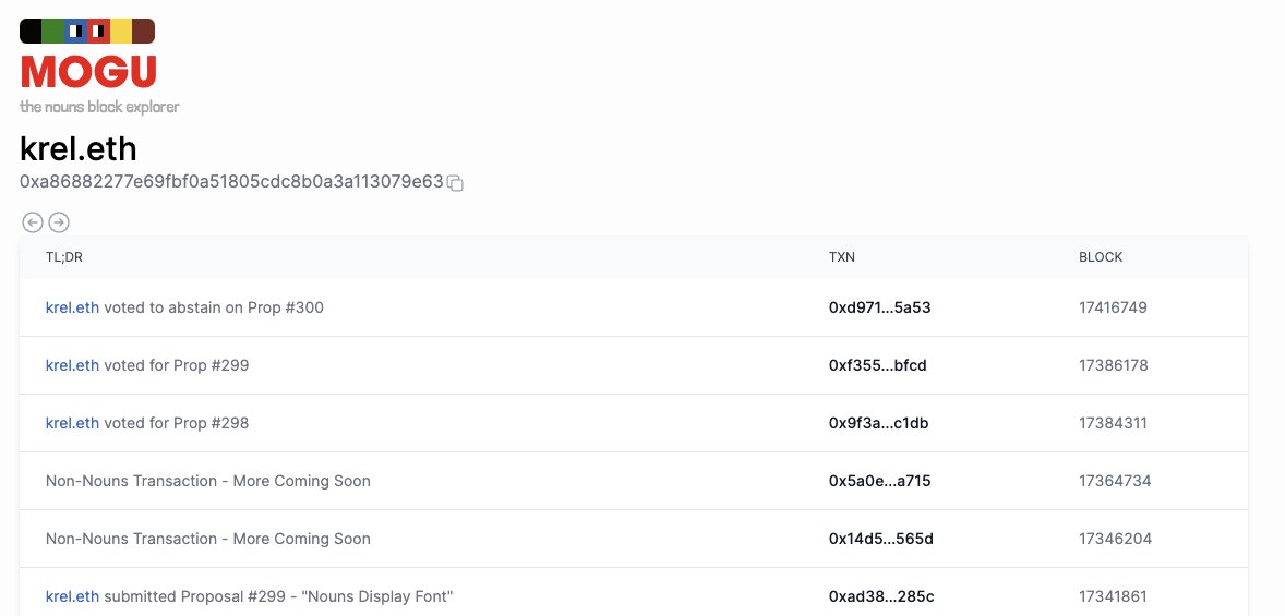 you can now see someone's non-nouns / non-parsed transactions on mmmogu.com/address/krel.e…, with outlinks to etherscan

shoutout to <a href="/basementapp_xyz/">Basement</a> <a href="/nickvernij/">gotu.eth</a> for the simple solution that gave me exactly what i needed!