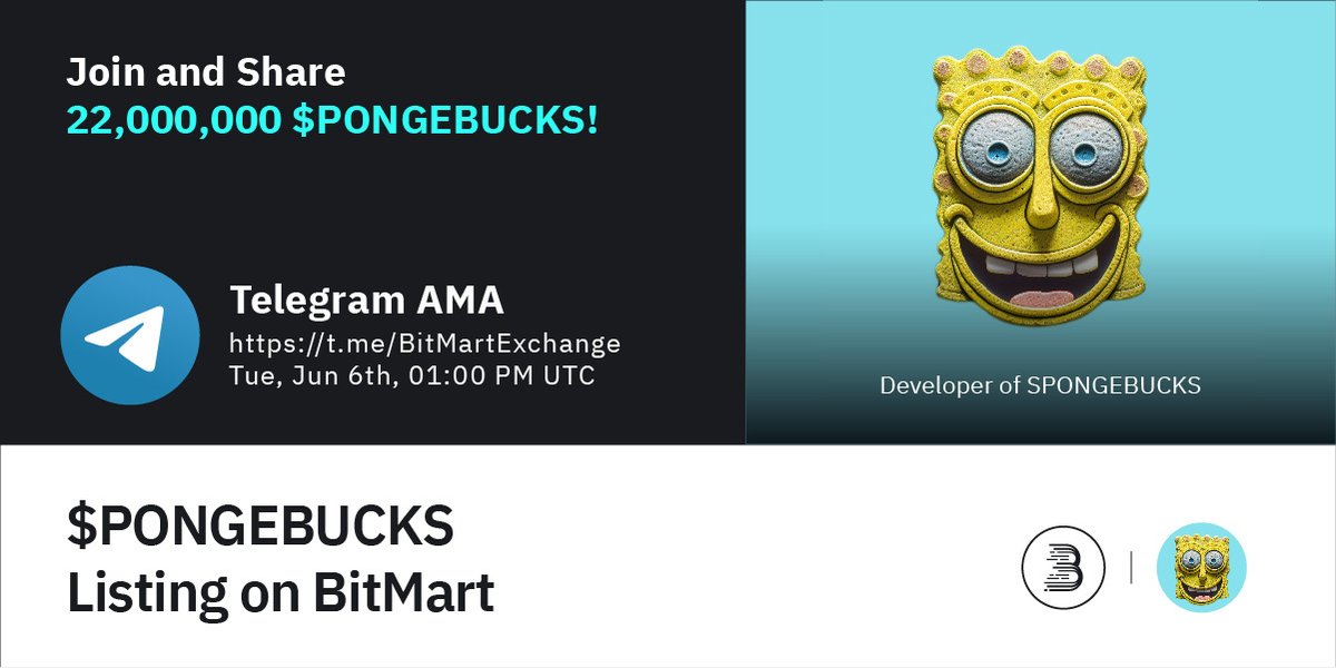 🔈Join $PONGEBUCKS at 1PM UTC, Jun 6th for AMA! We are pleased to have the developer of $PONGEBUCKS!

1⃣Follow <a href="/BitMartExchange/">BitMart</a> &amp; <a href="/Spongebucks_/">Spongebucks</a>
2⃣RT &amp; @ 3frds
3⃣Join t.me/BitMartExchange 
4⃣Fill forms.gle/ogsxQ5Qz7sWiXw…

🔥Win $1,000 worth of tokens!
⌚️Enter By Jun 7th, 2023