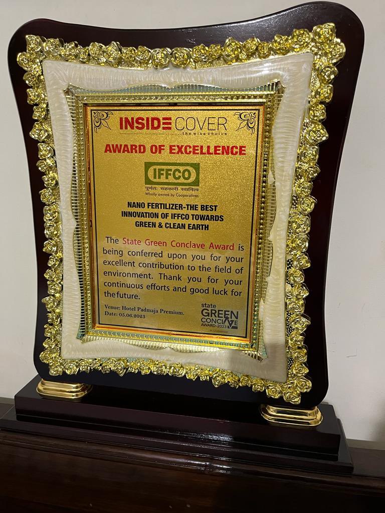 drusawasthi's tweet photo. Congratulations to entire IFFCO team for getting the State Green Conclave Award for IFFCO Nano Fertiliser - The Best Innovation of IFFCO towards Green &amp; Clean Earth. https://t.co/THmsB4KATx