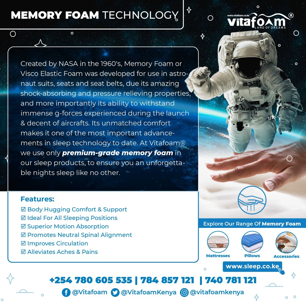 🌟☁️🚀🙋‍♂️🛏️ Experience Premium Comfort & Support With Our Amazing #MemoryFoam Sleep Technology Products Only From #VitaFoamKenya® 🛏️🙋‍♀️🚀☁️🌟

☎ For All *Enquiries, *Orders and *Deliveries: +254 780 605 535 | 784 857 121 | 740 781 121

📍 Our Locations >>> bit.ly/30VqOrf