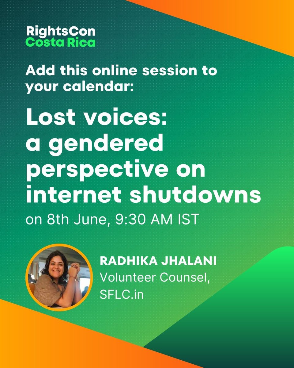 📢<a href="/SFLCin/">SFLC.in</a>  at <a href="/rightscon/">RightsCon</a> 
#KnowYourPanelists for Lost voices: A gendered Perspective on Internet Shutdowns. 

Introducing Radhika Jhalani.
@RadhikaJhalani presently serves as a Legal Counsel at <a href="/SFLCin/">SFLC.in</a>. Representing <a href="/SFLCin/">SFLC.in</a> at RightsCon 2023, she will actively participate online.