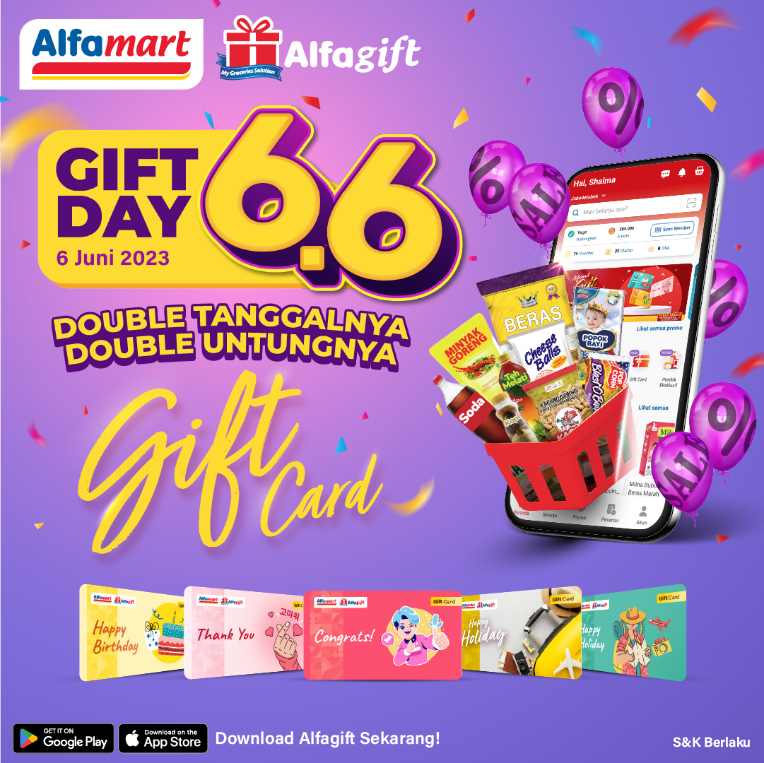 alfamart's tweet photo. Spesial 6.6 dari #Alfamart & #Alfagift 😍🤩
Jangan lewatkan promo pembelian Giftcard bisa dapatkan double untung.
Yang mau kasih kejutan ke orang terdekat jadi lebih mudah lewat #Alfagift aja
#Giftcard #VoucherAlfagift #VoucherAlfamart #spesial66 #66day https://t.co/N1SmEykFtB