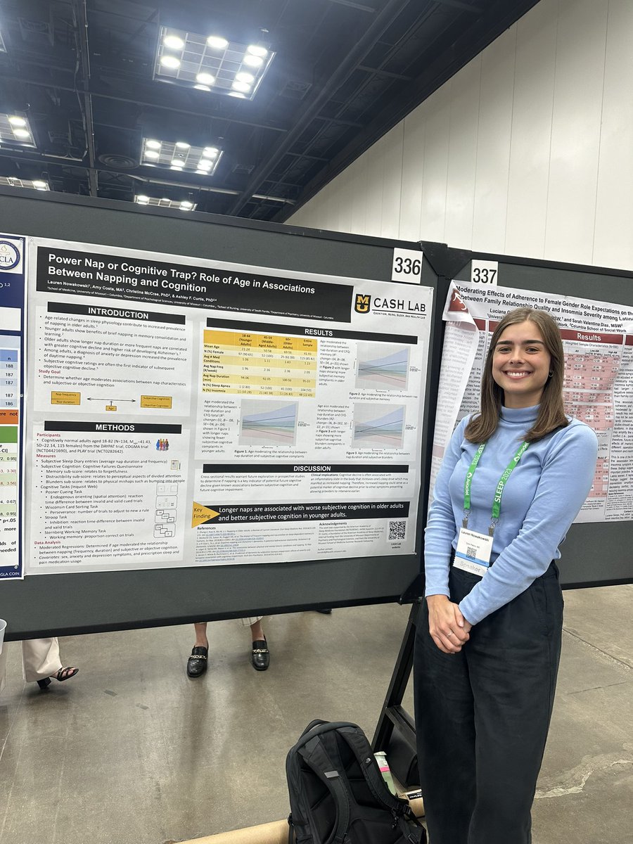 CASHlabUSF's tweet photo. Lauren Nowakowski rocked her poster session on age differences in associations between napping and cognition! Catch her oral presentation on Wednesday morning at 1030 in the 500 ballroom!! #SLEEP2023 @ResearchSleep @ashleyfcurtis #cashlab https://t.co/ODdTVtEg0b
