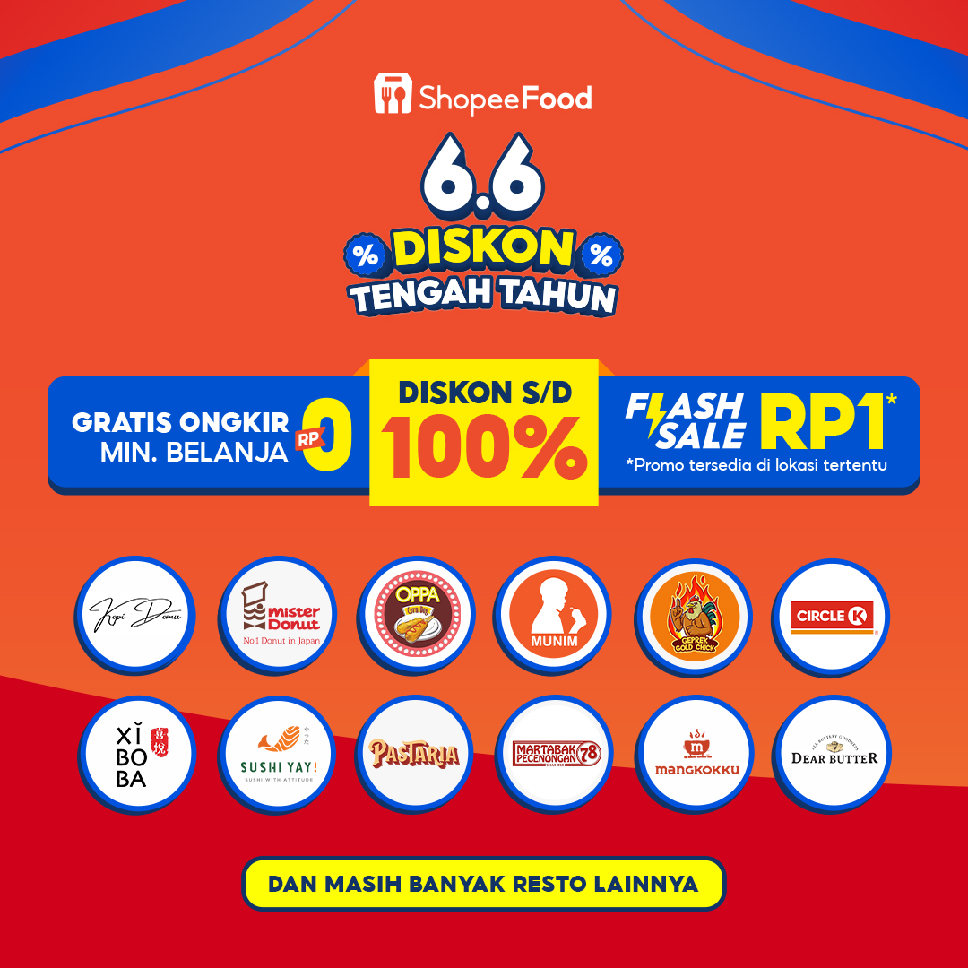 shopeefood_id's tweet photo. Cuma di ShopeeFood, hari ini ada PROMO PUNCAK 6.6 DISKON TENGAH TAHUN, ada DISKON S/D 100%, GRATIS ONGKIR MIN. BELANJA RP.0, dan FLASH SALE RP.1 buat kamu! Cusss, cek ShopeeFood sekarang.π₯°
#ShopeeFood #ShopeeFoodID #PromoMakan #PromoOngkir #ShopeelD #PromoShopee #PromoShopeeFood https://t.co/ogTxHe92QQ