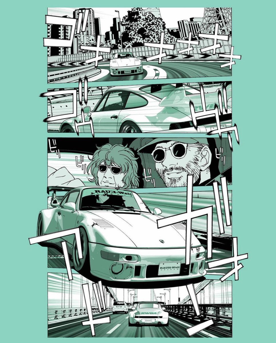 kia_asamiya's tweet photo. 【#ダニエル・アーシャム、RAUH-Welt BEGRIFF(#RWB)】とのコラボが生み出した【#RWBA】のイメージコミック。
全4ページ+センターイラスト。出会い、クルマの完成、東京を疾走するRWBAと、要望のあったものをまとめました。
2色原稿は、久しぶりでした。^_^ https://t.co/R9FYC14JVh