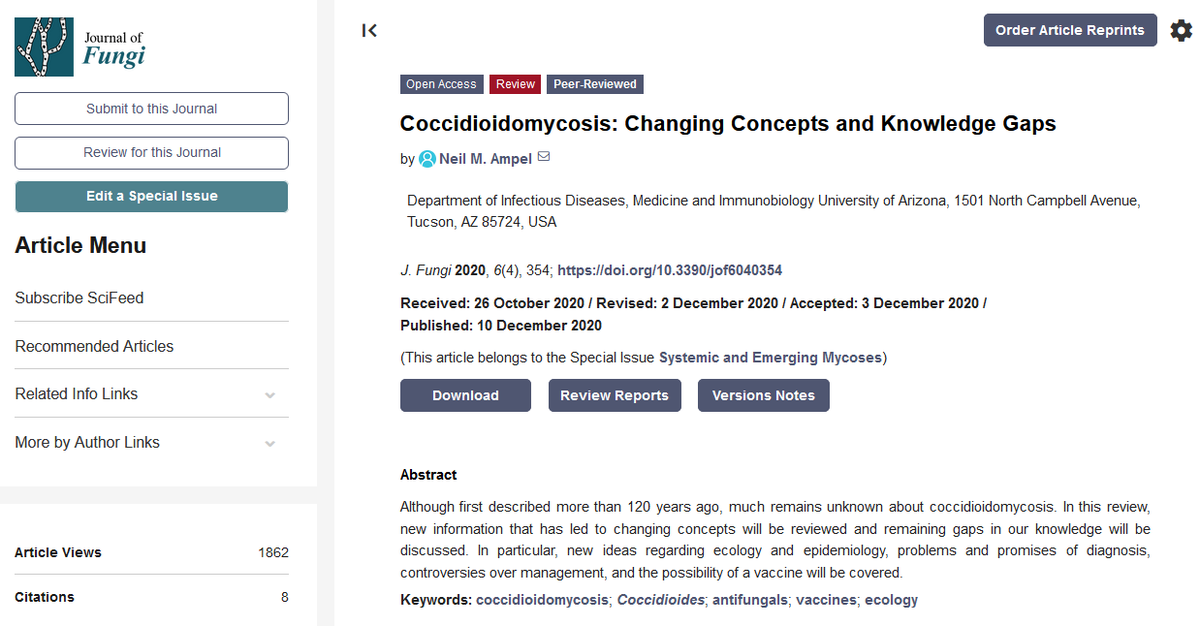 ❔❓ 'Coccidioidomycosis: Changing Concepts and Knowledge Gaps'
💡 In this review, new ideas regarding ecology and epidemiology, problems and promises of diagnosis, controversies over management, and the possibility of a  vaccine is covered.
👉 More here:
mdpi.com/2309-608X/6/4/…
