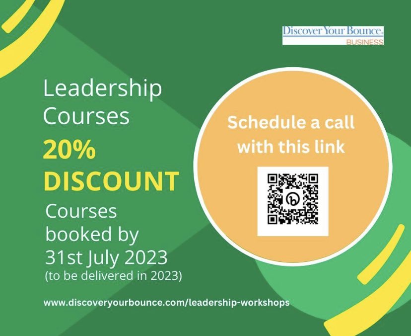 We have a summer offer!! We have a discount of 20% on our leadership courses booked before 31st July 2023, to be delivered by 31st December 2023. Take a look at our courses here!  discoveryourbounce.com/leadership-wor…
