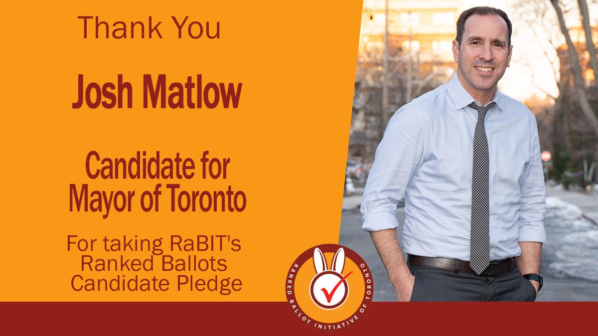 Ranked Ballot Initiative of Toronto (RaBIT) (@torontorabit) on Twitter photo Thank you, Josh Matlow
<a href="/JoshMatlow/">Josh Matlow</a>, Candidate for Mayor of Toronto for pledging to support #rankedballots in #TOpoli. #elxn2023 #onpoli #RestoreLocalChoice Thank you, Josh Matlow
<a href="/JoshMatlow/">Josh Matlow</a>, Candidate for Mayor of Toronto for pledging to support #rankedballots in #TOpoli. #elxn2023 #onpoli #RestoreLocalChoice