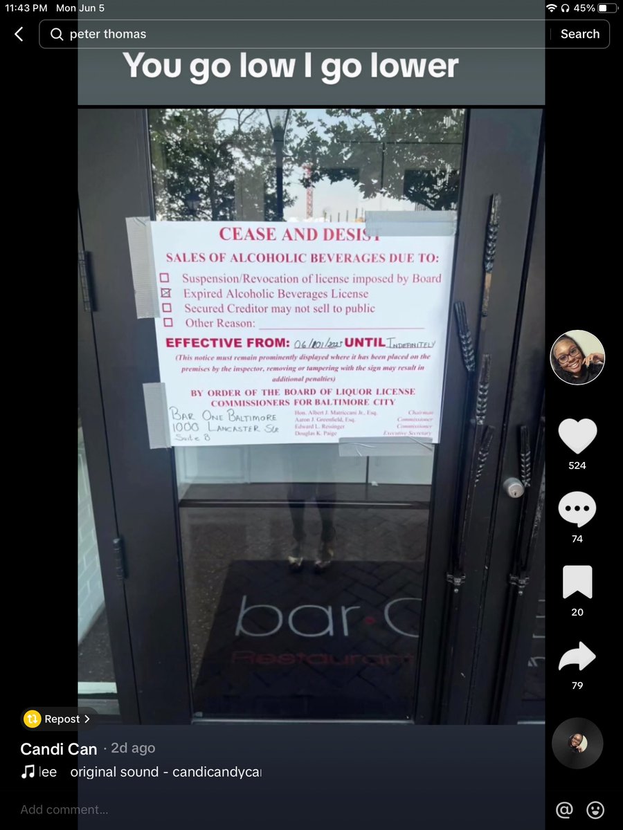 rcbird1021's tweet image. Peter Thomas is out here telling y’all these folks who say he’s not paying them are scammers but it looks like Peter isn’t paying anyone. Liquor license expired. That’s a basic necessity in the bar business. #barone #peterthomas