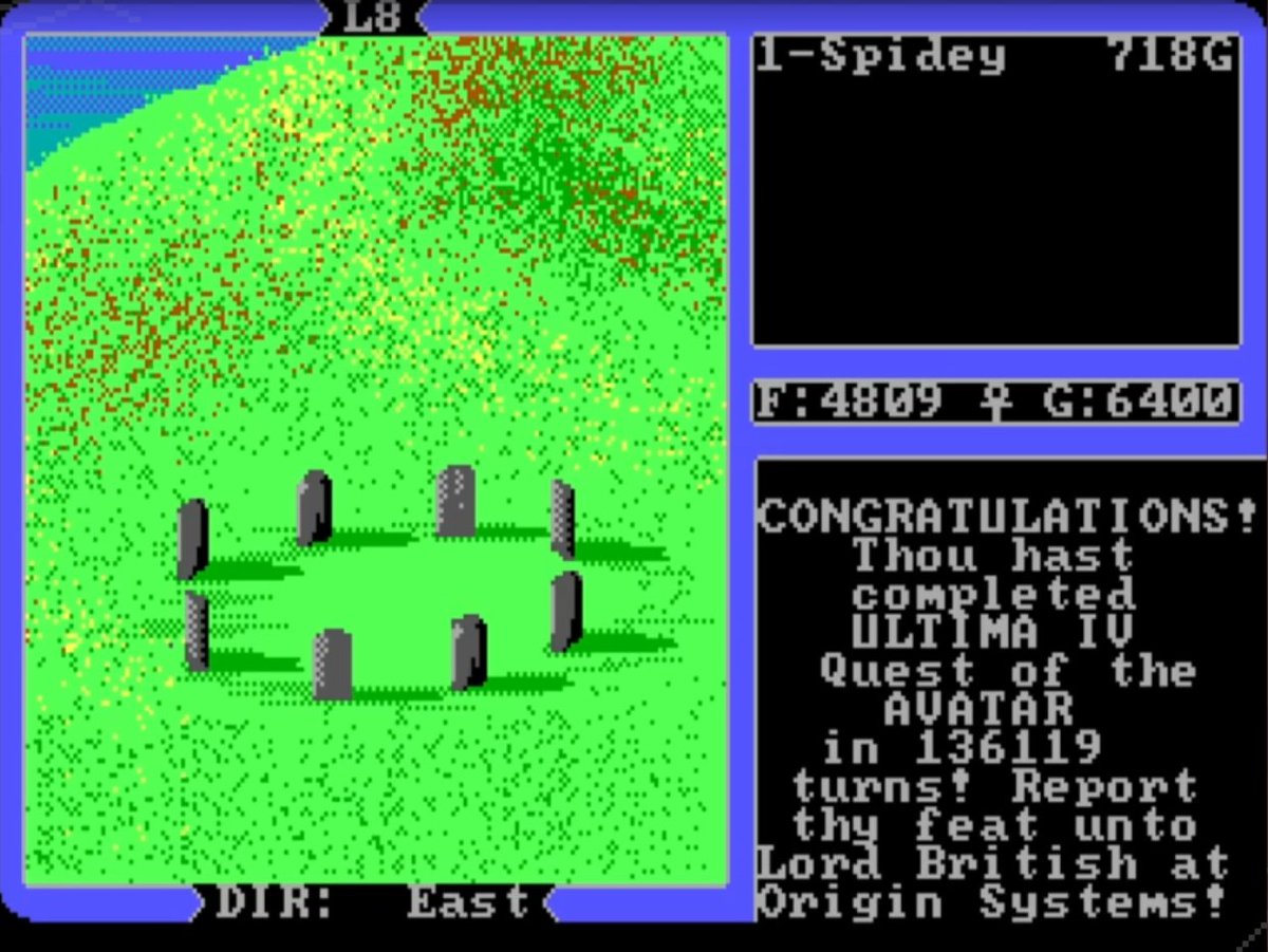 I've now finished Ultima 1, 2, 3 and 4! It's been fun to see how the series evolved over time. A big thanks to <a href="/RichardGarriott/">Richard Garriott</a> for making these great games!