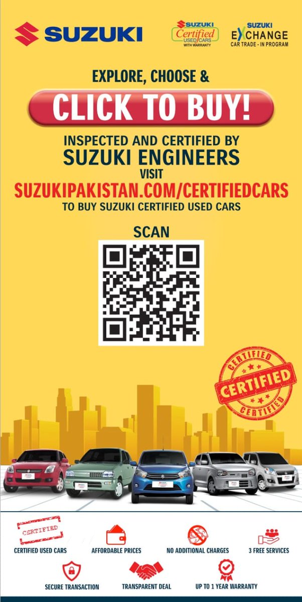 If you want to buy a CERTIFIED USED CAR, Please SCAN QR Code and see all the CERTIFIED USED CAR's Detail.
Contact for more Info: 091-5231123/5231177
Mobile no: 0333-5434844
#suzukipeshawar #certifiedusedcars
