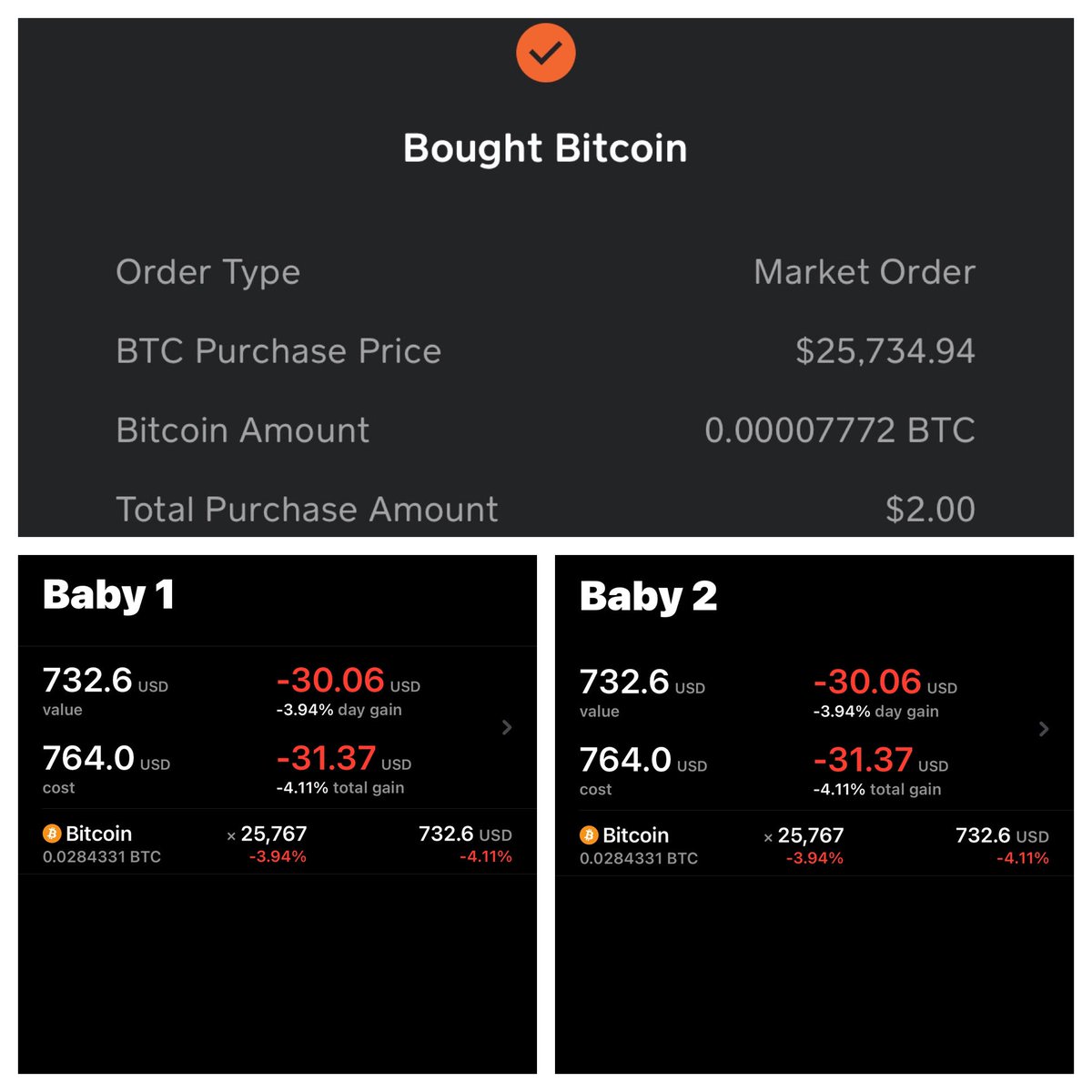 BitcoinDadBTC's tweet image. Day 571
Purchase price: $25,734.94
Amount received: 7,772Sats
Each baby will get: 3,886Sats ($1.00)

New balance: $732.60/2,843,312Sats
#Bitcoin #BitcoinDad #Stacksats #Dailysats #Sats #DCA #BTC #Roadto3Million #strike