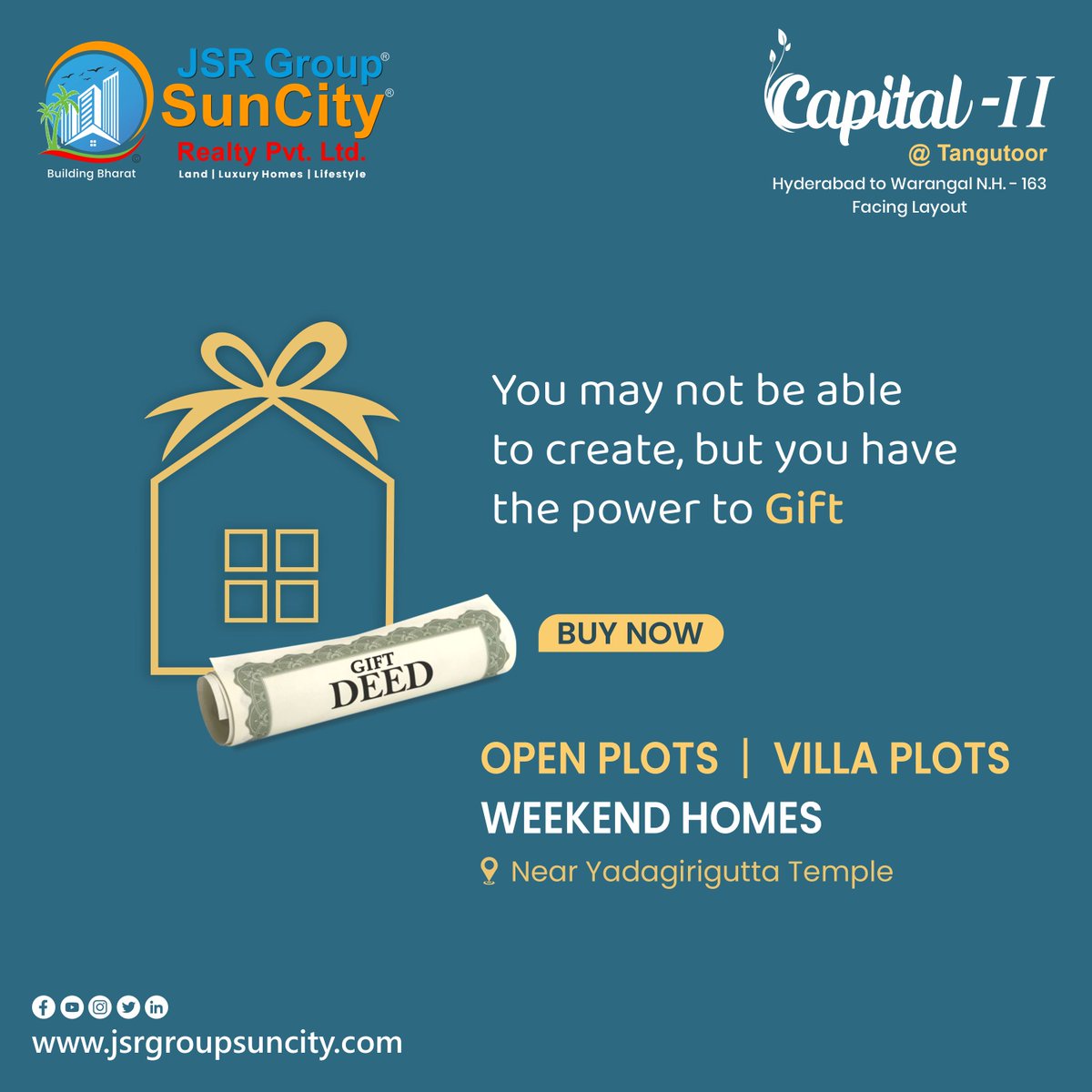 jsrgroup2's tweet image. Buy today to gift in future. Call us on 8881858888 now for the best price. jsrgroupsuncity.com

#jsrgroupsuncity #gift #openplot #marriagegift