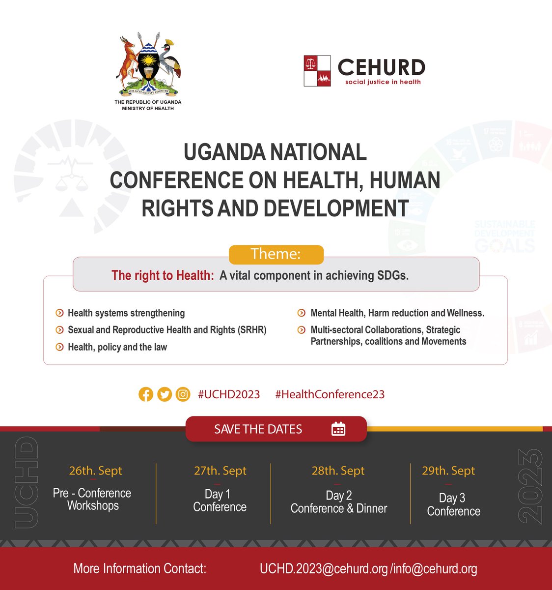CEHURD Uganda (@cehurduganda) on Twitter photo It is with great pleasure that we announce the 1st National Conference on Health, Human Rights and Development (UCHD) taking place under the joint auspices of <a href="/MinofHealthUG/">Ministry of Health- Uganda</a> and the Center for Health Human Rights and Development.
#UCHD2023 #HealthConference23
1/5 It is with great pleasure that we announce the 1st National Conference on Health, Human Rights and Development (UCHD) taking place under the joint auspices of <a href="/MinofHealthUG/">Ministry of Health- Uganda</a> and the Center for Health Human Rights and Development.
#UCHD2023 #HealthConference23
1/5