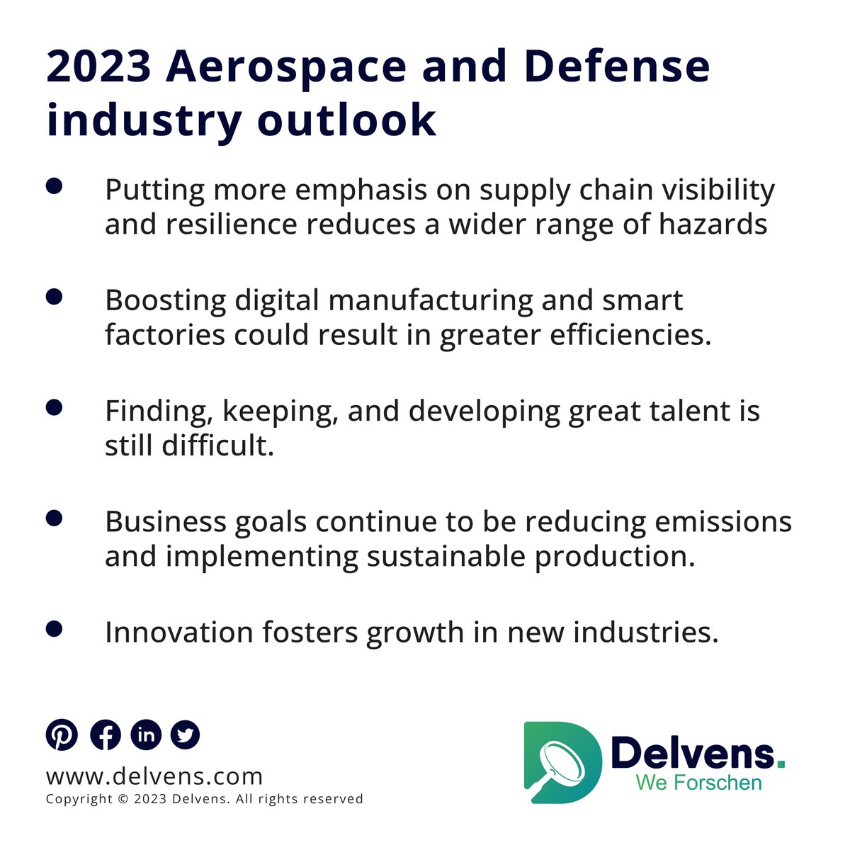 2023 Aerospace and Defense Industry Outlook

#delvens #weforschen #aerospace #defense #aerospaceindustry #defenceindustry #outlook #outlook2023 #industryinsights