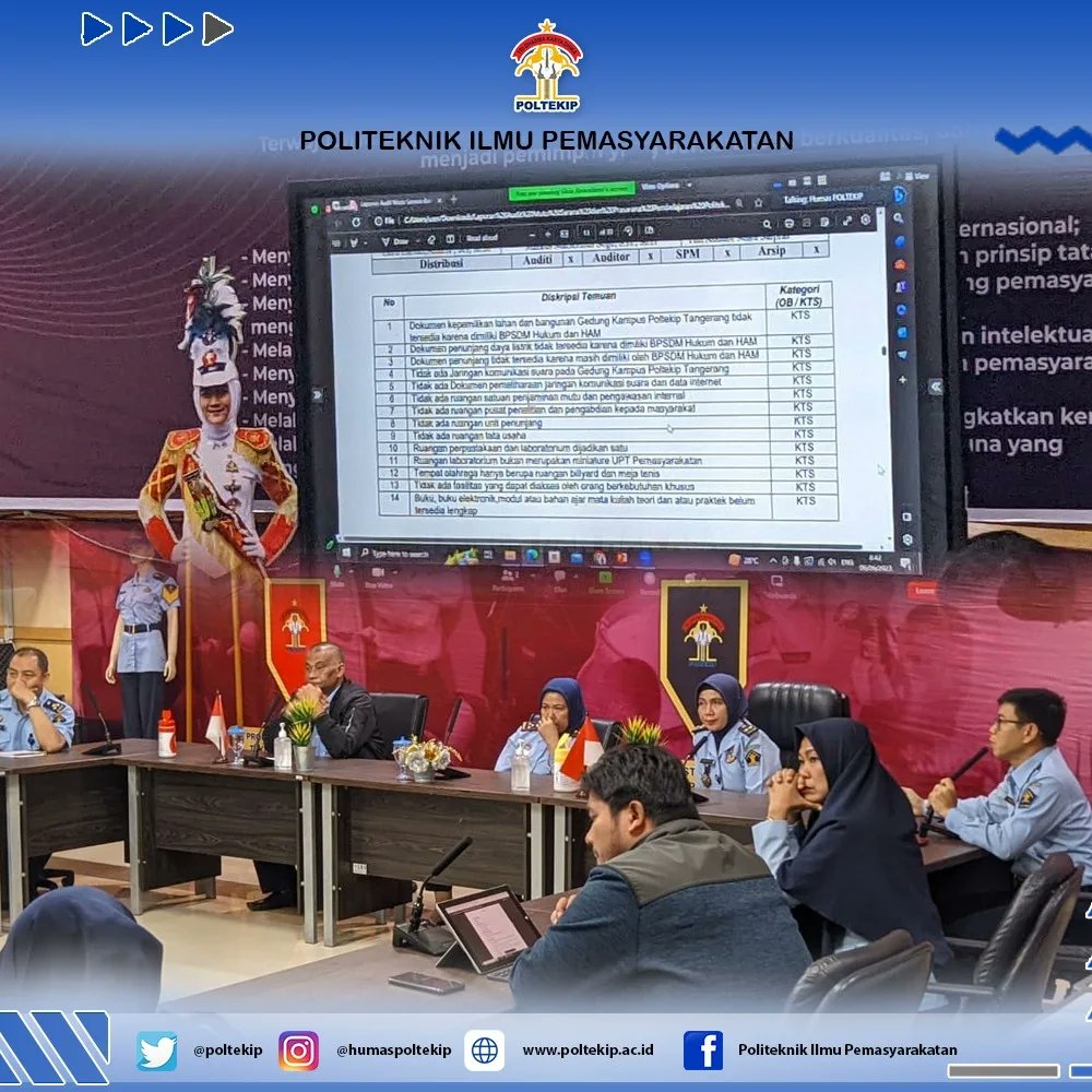 poltekip's tweet photo. Politeknik Ilmu Pemasyarakatan melaksanakan Rapat Tinjauan Manajemen Hasil Audit Mutu Sarana dan Prasarana Pembelajaran Politeknik Ilmu Pemasyarakatan.Kegiatan dihadiri langsung oleh Direktur Poltekip (Ibu Dr.Rachmayanthy), dan Jajaran Pejabat Struktural dan Fungsional. https://t.co/bilTJaAtSZ