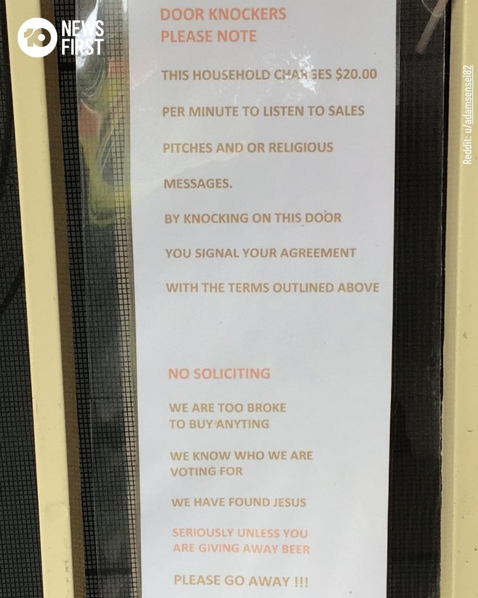 10NewsSyd's tweet image. A western Sydneysider has been spotted with a rather upfront sign on their front door, telling strangers not to bother them "unless you are giving away beer".

The lengthy note clearly outlines the residents are not open to doorknockers -- and will instead charge them $20 for…