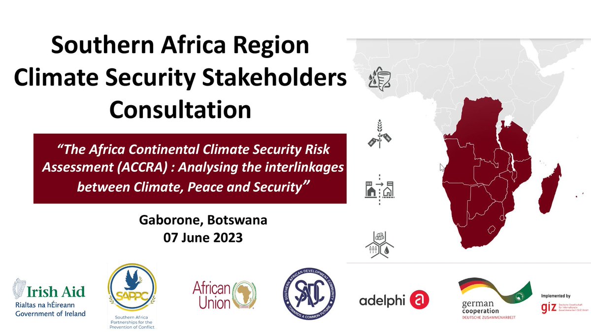 SAPPCPEACE's tweet photo. On the 7th of June 2023 in Gaborone-Botswana @AUC_PAPS hosts a #SADC Region #ClimateSecurity Consultation on the nexus between #Climate #Peace &amp; #Security led by @adelphi_berlin in collaboration with @SADC_News &amp; @SAPPCPEACE #ACCRA https://t.co/2te8pH9XTF