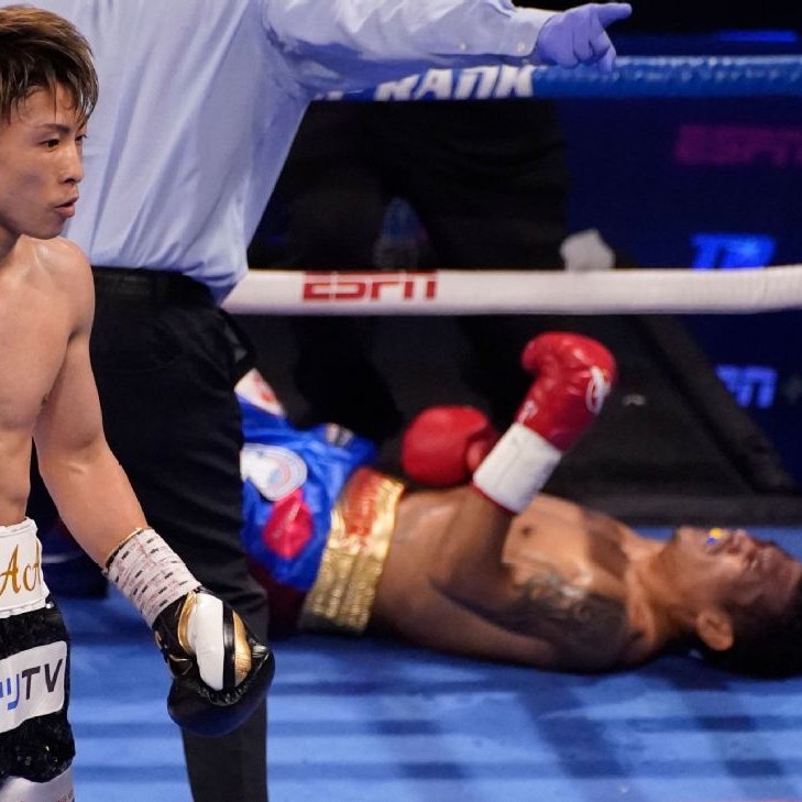 Naoya Inoue, aka 'The Monster,' strolls away after sending Michael Dasmarinas to the canvas and before scoring a 3rd round KO to defend the unified bantamweight championship in Las Vegas, 2021.

(📸 John Locher)