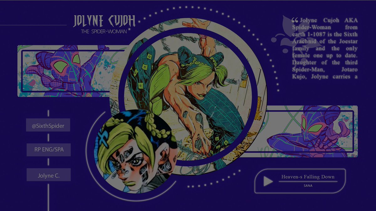 🕸️𝗧𝗛𝗘 𝗔𝗠𝗔𝗭𝗜𝗡𝗚 𝒮𝒫𝐼𝒟𝐸𝑅-𝒲𝒪𝑀𝒜𝒩 🕸️
⠀⠀⠀⠀⠀Jolyne Cujoh, Earth 1-1087
⠀⠀⠀⠀⠀⠀𝒯𝐻𝐸 𝒮𝐼𝒳𝒯𝐻 𝒮𝒫𝐼𝒟𝐸𝑅
⠀⠀⠀⠀⠀⠀⠀⠀⠀⠀ᴬʳᵃᶜʰᶰᶤᵈᵎᴬᵁ

ㅤㅤㅤㅤ  「 𝑹𝑷 𝑬𝑵𝑮/𝑺𝑷𝑨 」
   「 #SpiderverseRP / #MVRP / #JJBA 」
 ㅤㅤㅤㅤㅤㅤ〈↻ | ♡〉
