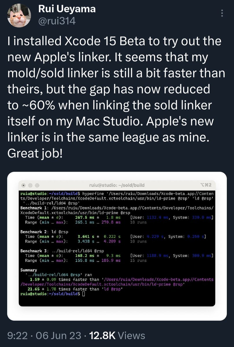 nirbheek's tweet photo. For those of you wondering, Mold is still faster! https://t.co/oKSdKzhXWk