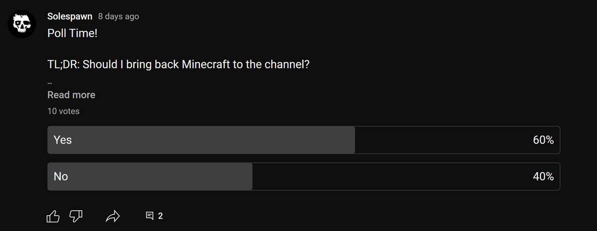 solespawn's tweet photo. I need your opinion!

I'm thinking of bringing #Minecraft back to the channel. I want to get the opinion of the #SolespawnFamily as y'all are important to me. There's more information in the poll:

https://t.co/ZTZj2xAGC6 https://t.co/cL3ODY13Gw