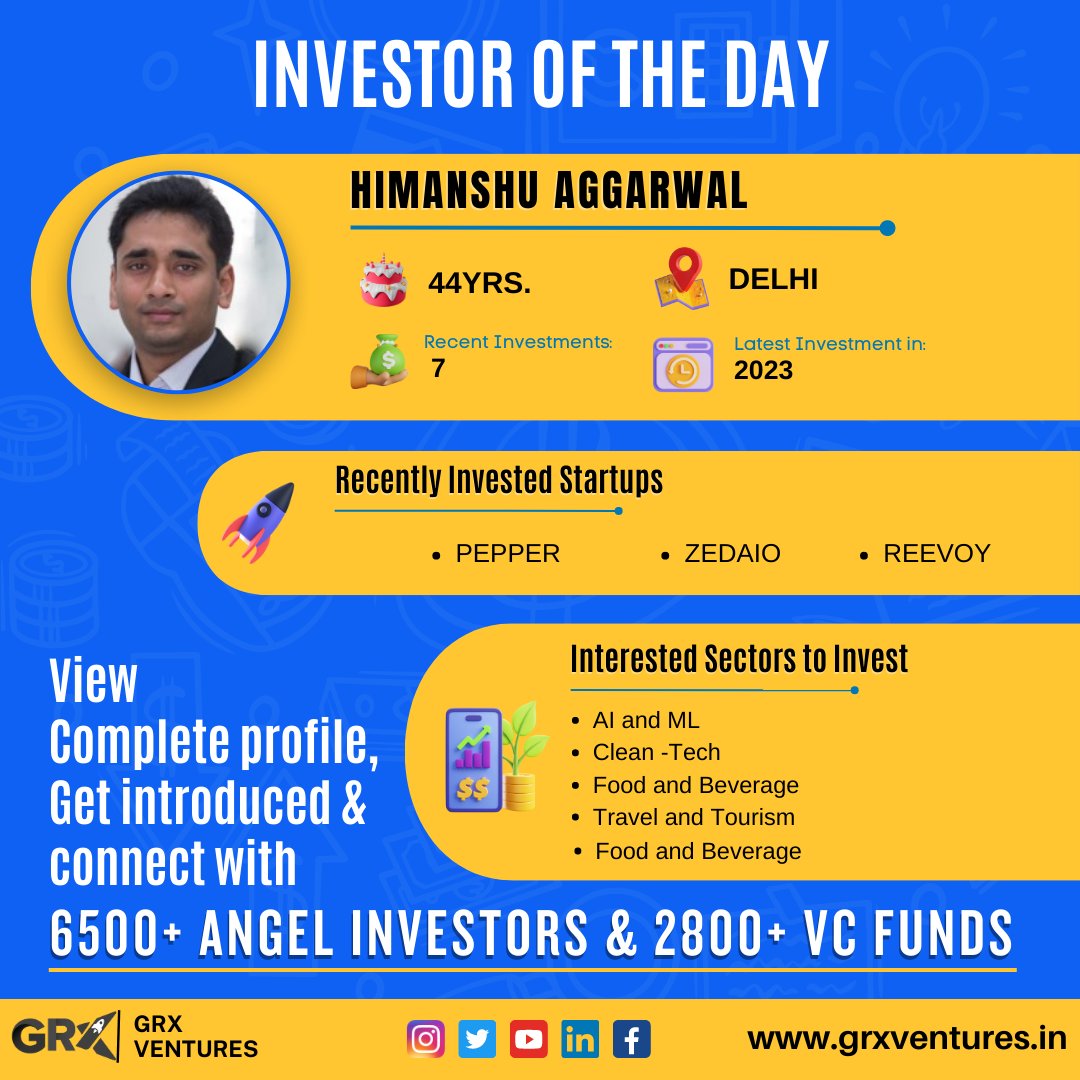 Get to know Himanshu Aggarwal, an #investor from Delhi, aged 44. His latest #investments include Pepper, Zedaio, and Reevoy. Connect with him and other #investors to expand your #network. #Greventures
#InvestorSpotlight
#StartupInvestments
#AngelInvestors
#VentureCapital