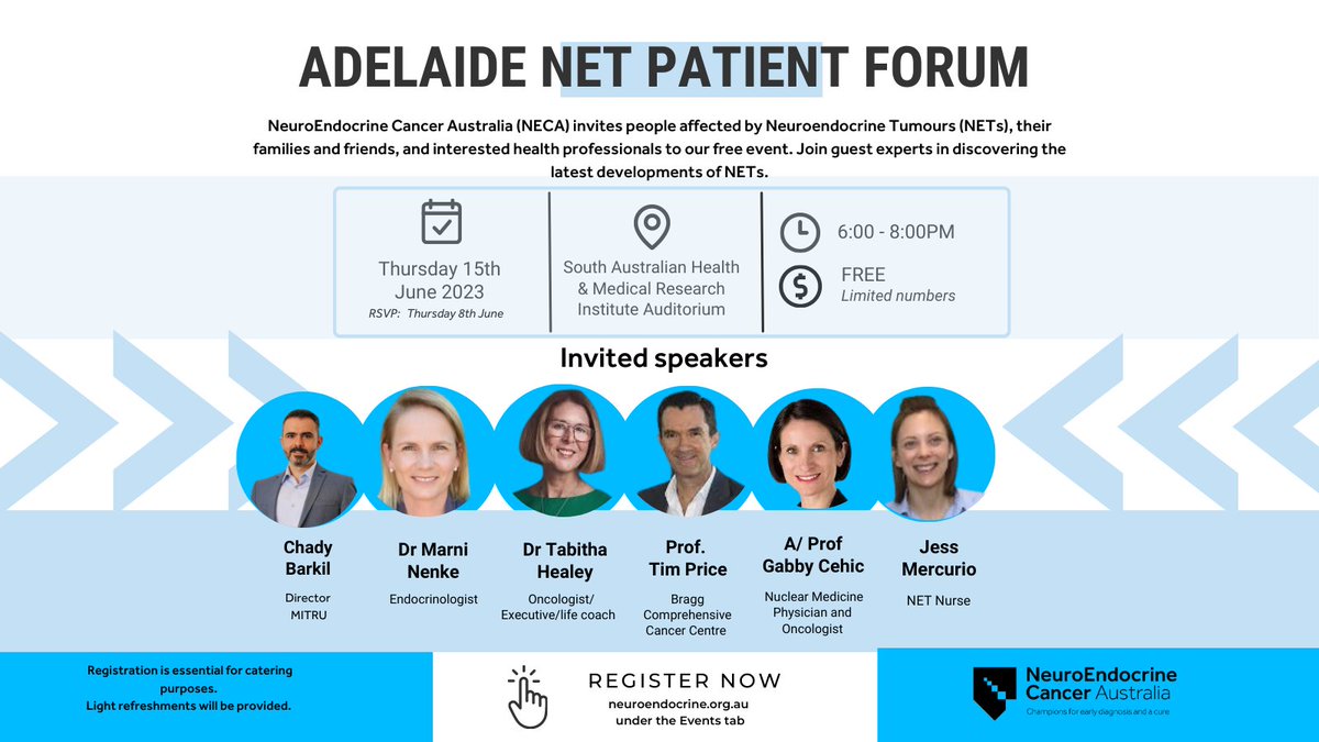 Join us in Adelaide at our face-to-face #NETPatientEducationForum this June. This is an excellent opportunity to ask “Our Expert NET Clinicians” questions and gain information on current treatments and #ClinicalTrials. To register, go to: ow.ly/5T9X50OEXH0 #NETs