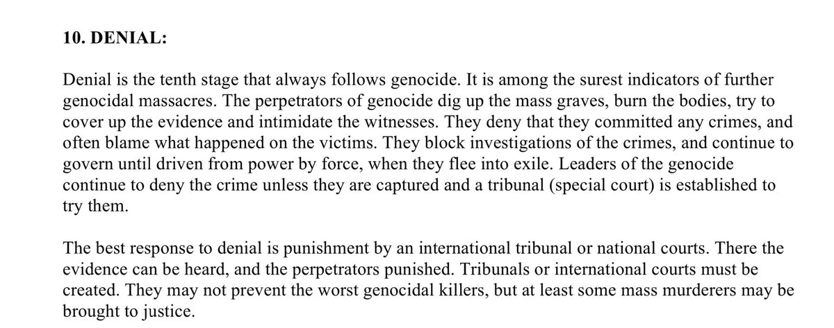 ‼️ From the 10 Stages of Genocide 

Stage 10: “The perpetrators of genocide dig up the mass graves, burn the bodies, try to cover up the evidence and intimidate the witnesses. They deny that they committed any crimes, and often blame what happened on the victims”