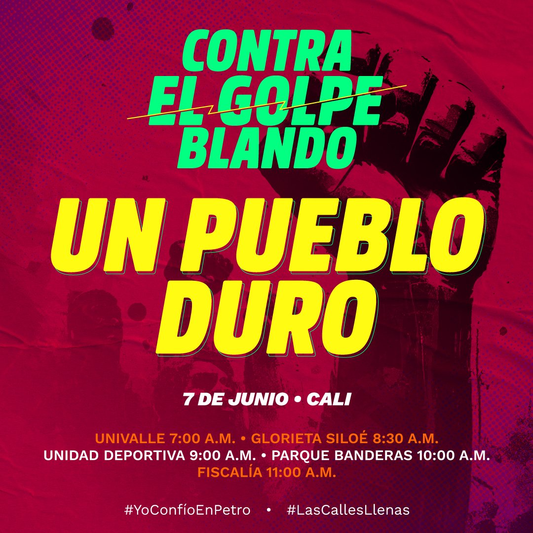 ColResiste's tweet photo. A las derechas y a quienes pretendan socavar la democracia en Colombia, les decimos: ¡NO TENEMOS MIEDO! ¡Contra el golpe blando, un pueblo que camina y se para duro!
Todos y todas a marchar este 7 de junio ✊🏾🥑🚨

#YoConfíoEnpetro 
#7J
#LasCallesLlenas
#GobiernoDelCambio https://t.co/pcHhxsyomb