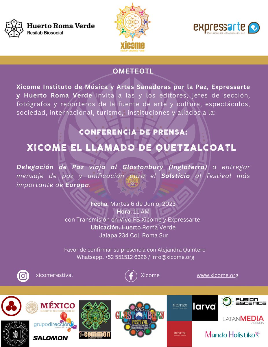 Mañana martes 6 de Junio a las 11 AM <a href="/HuertoRomaVerde/">RomaVerde</a>  es nuestra Conferencia de Prensa "El Llamado de Quetzalcóatl" con <a href="/expressarteUK/">Expressarte UK</a> 
Nos vamos al festival de <a href="/glastonbury/">Glastonbury Festival</a>  llevar el mensaje de paz y unificación a Inglaterra.