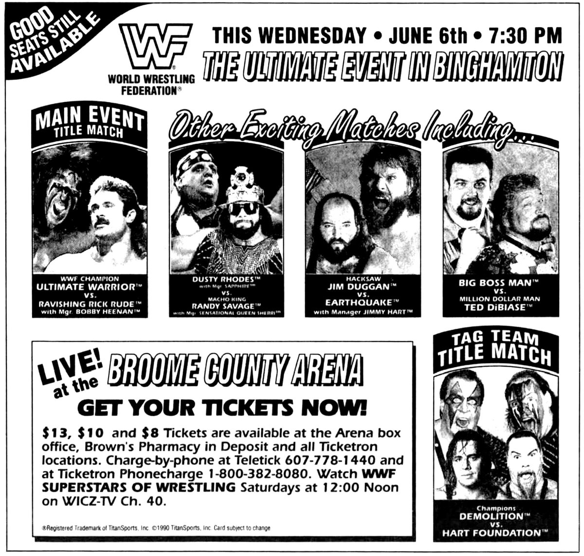 On this day in 1990: The ultimate event in Binghamton at the Broome County Arena! 🤼 #WWF #WWE #Wrestling #RickRude #UltimateWarrior #DustyRhodes #RandySavage #JimDuggan #Earthquake #TedDiBiase #BigBossMan #HartFoundation #Demolition