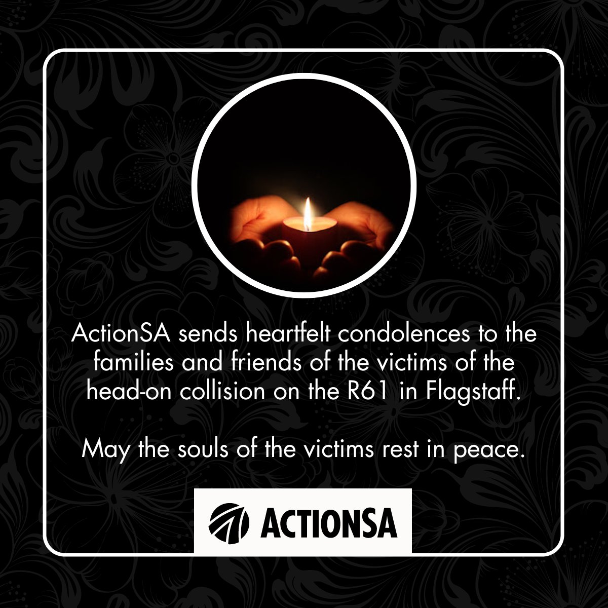 ActionSA sends heartfelt condolences to the families and friends of the victims of the head-on collision on the R61 in Flagstaff.

May the souls of the victims rest in peace. #LetsFixSouthAfrica <a href="/AtholT/">Athol Trollip</a> <a href="/HermanMashaba/">Herman Mashaba</a>