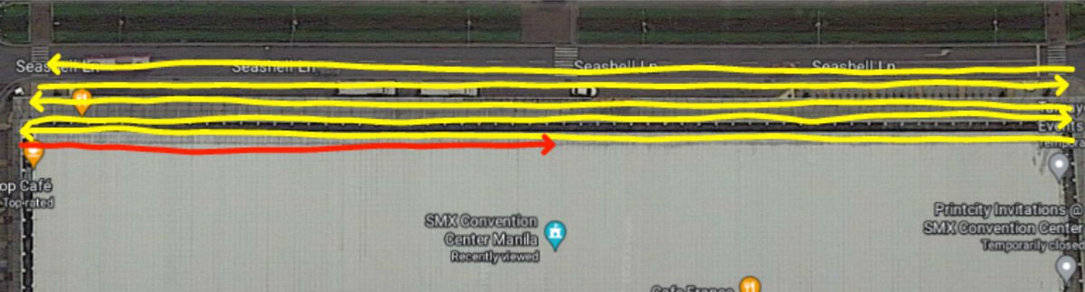 Best way to describe how long the line was at CONQueuest err #CONQuest2023.

1st image - how far did the line started
2nd image - the confusion at the line in Coral Way (yellow was the right way while red wasn't)
3rd image - how many loops it took to get to the entrance of SMX