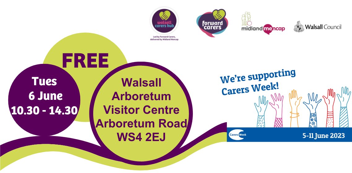 Will you be joining us at the Carers Mini Festival today? If you didn't book tickets, we welcome you to pop along &amp; join the fun! Open 10:30am-2:30pm at Walsall Arboretum  

We look forward to seeing you there! 

#WalsallCarers #CarersWeek #CarerEvent #Wellbeing #CarerSupport