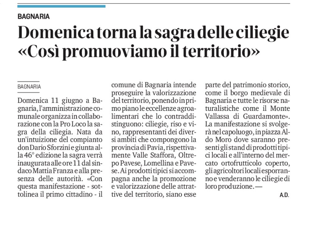 Comune di Bagnaria (@comunebagnaria) on Twitter photo 46^ 𝙎𝙖𝙜𝙧𝙖 𝙙𝙚𝙡𝙡𝙖 𝘾𝙞𝙡𝙞𝙚𝙜𝙞𝙖-11 𝙜𝙞𝙪𝙜𝙣𝙤 2023 🍒🍒🍒
#ʙᴀɢɴᴀʀɪᴀ #ᴏʟᴛʀᴇᴘᴏᴘᴀᴠᴇsᴇ <a href="/provinciapavese/">La Provincia Pavese</a> <a href="/ProvinciaPavia/">Provincia di Pavia</a> 46^ 𝙎𝙖𝙜𝙧𝙖 𝙙𝙚𝙡𝙡𝙖 𝘾𝙞𝙡𝙞𝙚𝙜𝙞𝙖-11 𝙜𝙞𝙪𝙜𝙣𝙤 2023 🍒🍒🍒
#ʙᴀɢɴᴀʀɪᴀ #ᴏʟᴛʀᴇᴘᴏᴘᴀᴠᴇsᴇ <a href="/provinciapavese/">La Provincia Pavese</a> <a href="/ProvinciaPavia/">Provincia di Pavia</a>