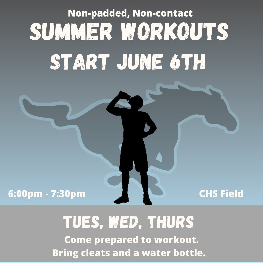 REMINDER ‼️🔔 Summer workouts start tmrrw Jun 6th. Tues, Wed, &amp; Thurs 6p - 7:30p. Note: Lift first, then field. Use loading dock doors (doors past coaches office and locker room). Do not go through cafeteria or pool doors.
#offseasongains💪 #highschoolfootball #mustangsfootball