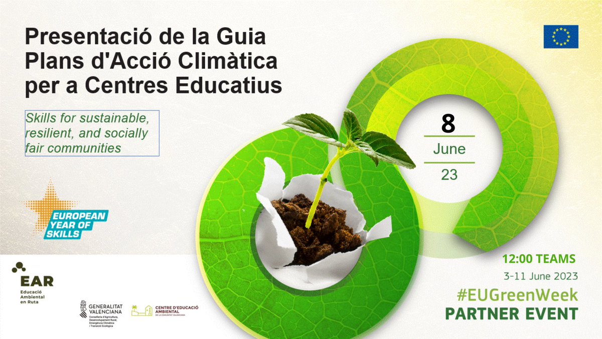 #EUGreenWeek 2023  📷#EUGreenDeal
🔴RECORDA
Presentació d'un nou material d'educació ambiental elaborat pel CEACV: “𝐏𝐥𝐚𝐧𝐬 𝐝'𝐀𝐜𝐜𝐢ó 𝐂𝐥𝐢𝐦à𝐭𝐢𝐜𝐚 𝐩𝐞𝐫 𝐚 𝐂𝐞𝐧𝐭𝐫𝐞𝐬 𝐄𝐝𝐮𝐜𝐚𝐭𝐢𝐮𝐬”
8 de juny 12:00 hores Plataforma TEAMS 
Inscripció👇agroambient.gva.es/va/web/ceacv/f…