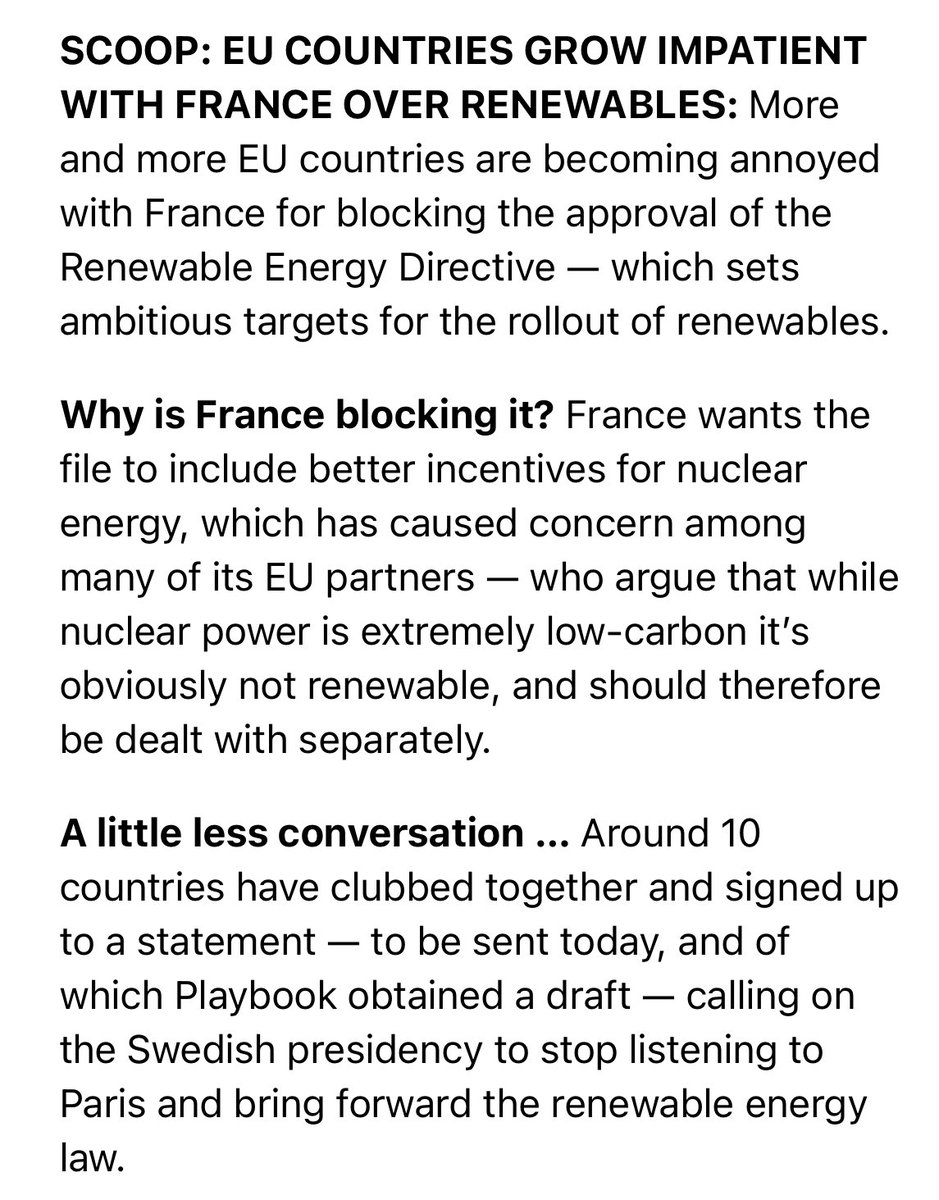 Nos partenaires européens en ont tellement marre de l’attitude toxique de la France sur le dossier des renouvelables, que 10 États publient aujourd’hui un texte demandant à la présidence (la Suède) d’arrêter d’écouter les caprices nucléaires de Macron et d’avancer enfin.

😑