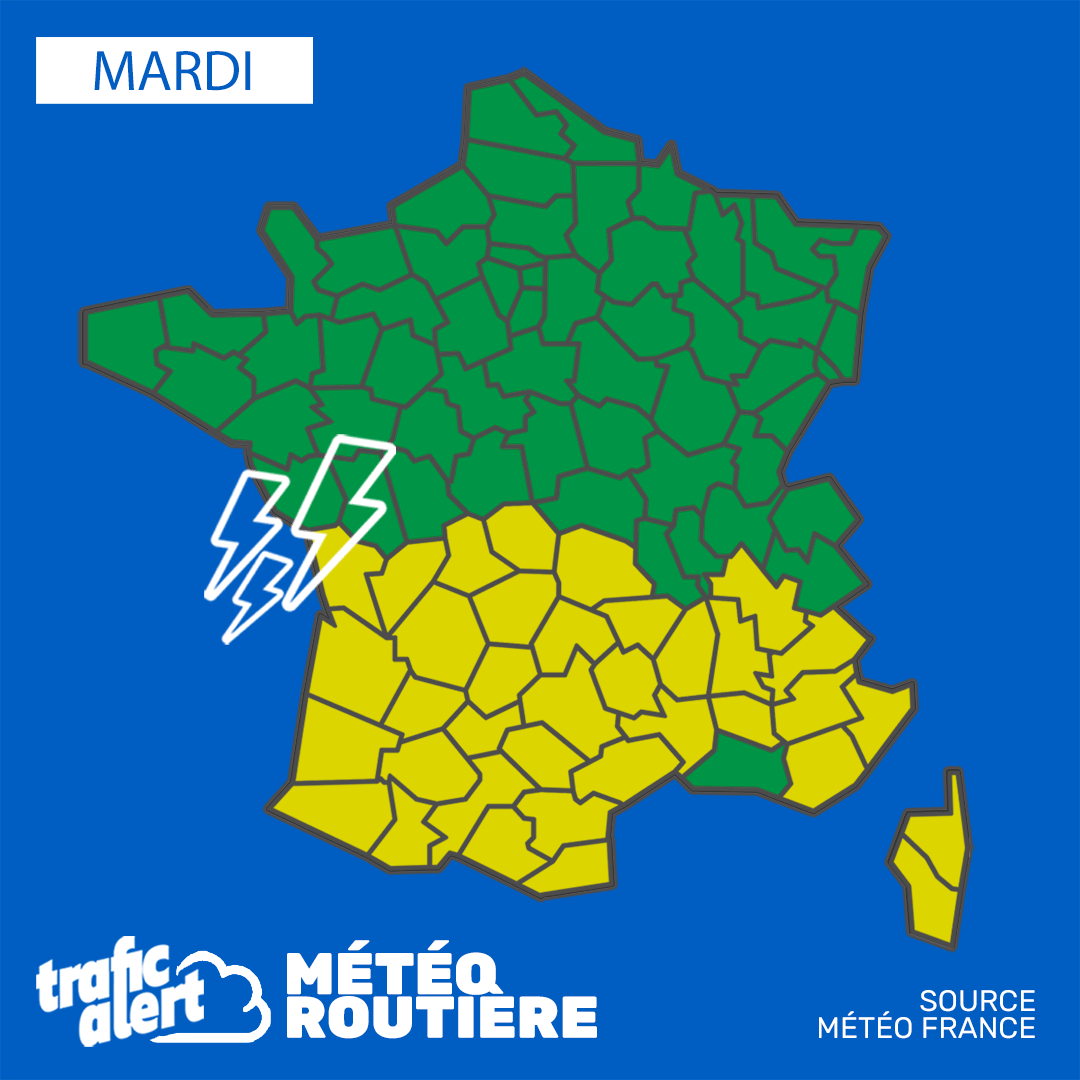 [RISQUE MÉTÉO] Un risque orageux toujours présent sur la moitié sud cet après-midi avec de potentiels forts cumuls de pluies et grêle, 36 départements en vigilance jaune, prudence. #météo #meteoroutière #risque #pluies #orage