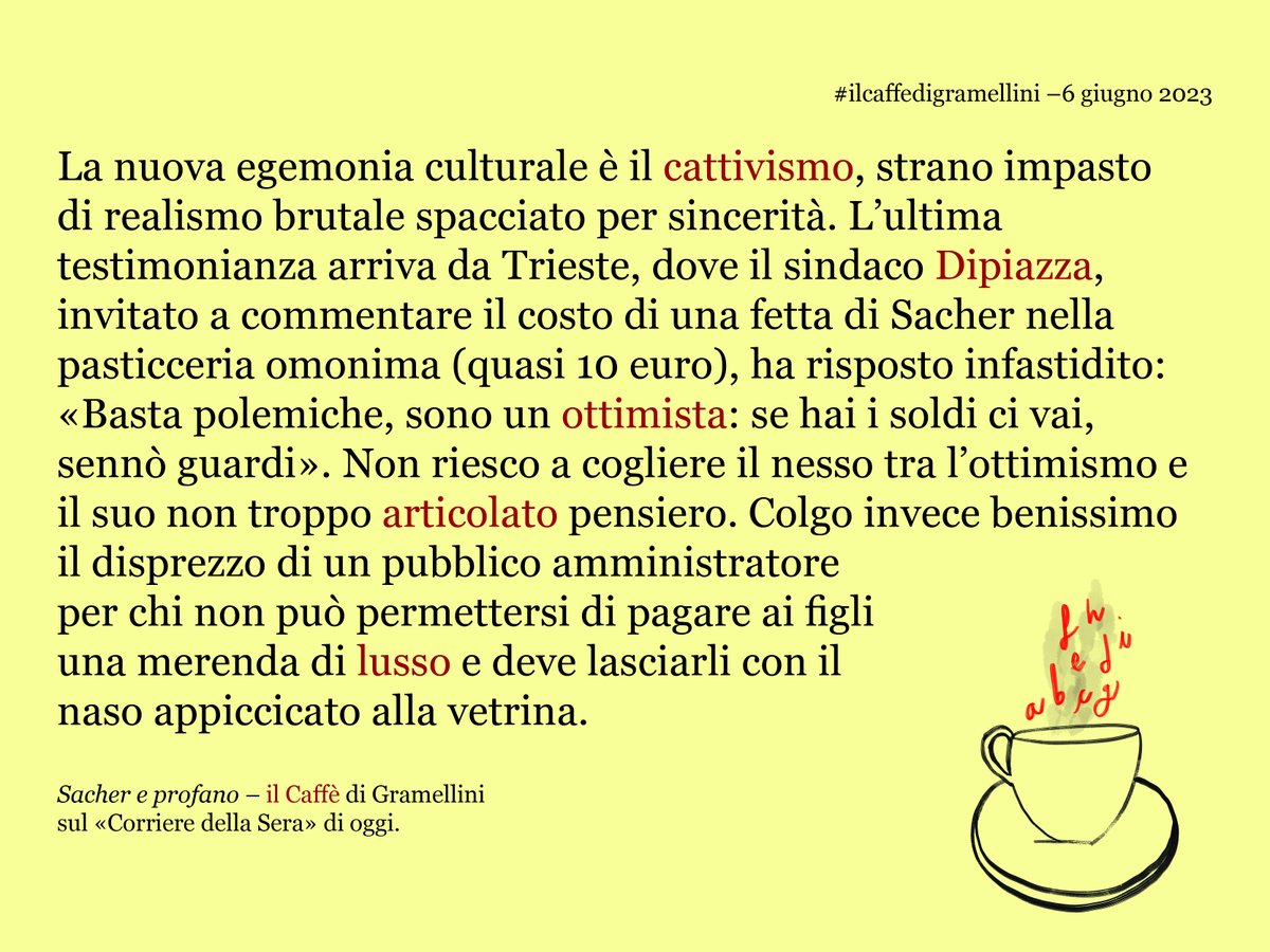 «Sacher e profano»: #ilcaffedigramellini sul @Corriere di #martedì #6giugno. corriere.it/caffe-gramelli…