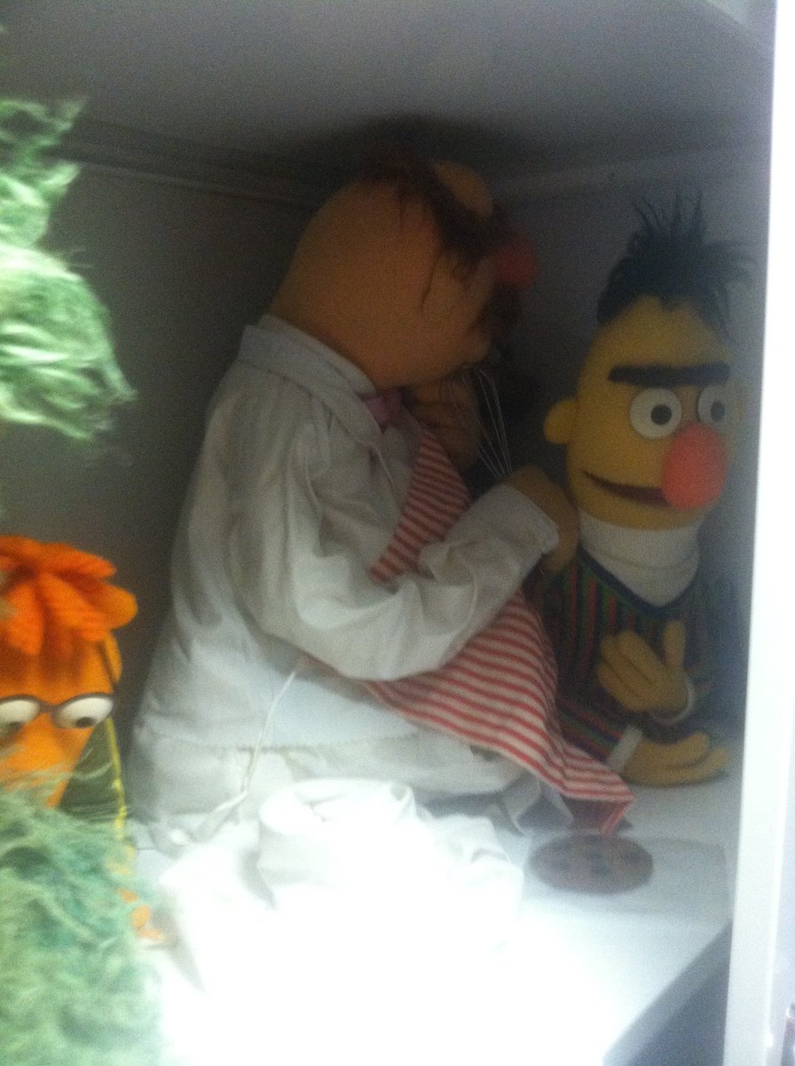 procrastiwrite's tweet image. I got to visit the muppet closet once and the curator presented Kermit to me like he was ready for dissection. Also, poor Bert was shoved into the corner.