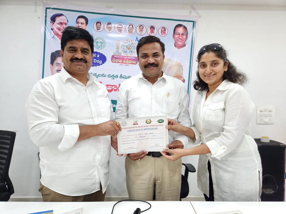 JakkaVenkat2020's tweet photo. The Peerzadiguda Municipal Corporation (PMC) held a meeting today to felicitate animal lovers, community dog feeders, and animal activists. This is the first time that a local government in India has taken such an initiative.

The PMC has been working with the Animal Welfare Society to reduce animal - human conflict. The two organizations have been working together to sterilize and vaccinate dogs, as well as planning to provide food and shelter for them.

The meeting was attended by the Honb’le Mayor, Corporators, and many animal activists. The Mayor praised the efforts of the animal lovers and activists, and said that the PMC would continue to work with them to reduce dog-human conflict.

The PMC is committed to ensuring the safety of both humans and animals. The organization is working to create a more harmonious environment for everyone in the community.

**Thank you to all of the animal lovers, community dog feeders, and animal activists who are making a difference in our community.** 🙏
@KTRBRS @TelanganaCMO @BRSparty @BRSHarish @cdmatelangana @chmallareddyMLA @HiHyderabad @KonathamDileep @KTR_News @TSwithKCR @SPCA_Medchal @SwachhBharatGov @ACLB_Medchal @Collector_MDL @med