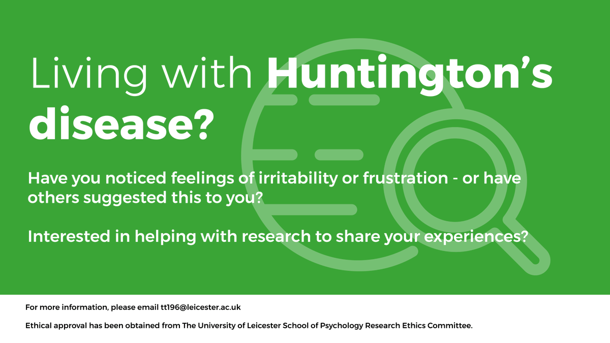 The <a href="/uniofleicester/">University of Leicester</a> want to speak with people affected by Huntington's disease to interview them for up to one hour about their experience or irritability. They hope that this might help us to understand how irritability presents for people with Huntington's disease.