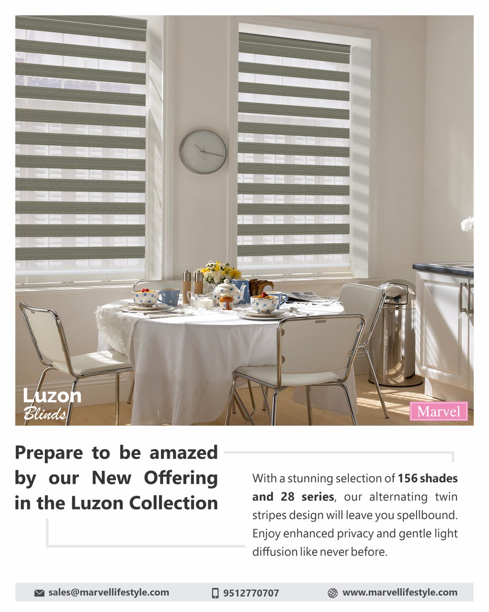 Prepare to be amazed by our New Offering in the Luzon Collection with a stunning selection of 156 shades & 28 series.

marvellifestyle.com

 #luzonblinds #zebrablinds #home #homespace #homeliving #homedecor #lightcontrol #deco #decorinspo #window #windowtreatments #windows