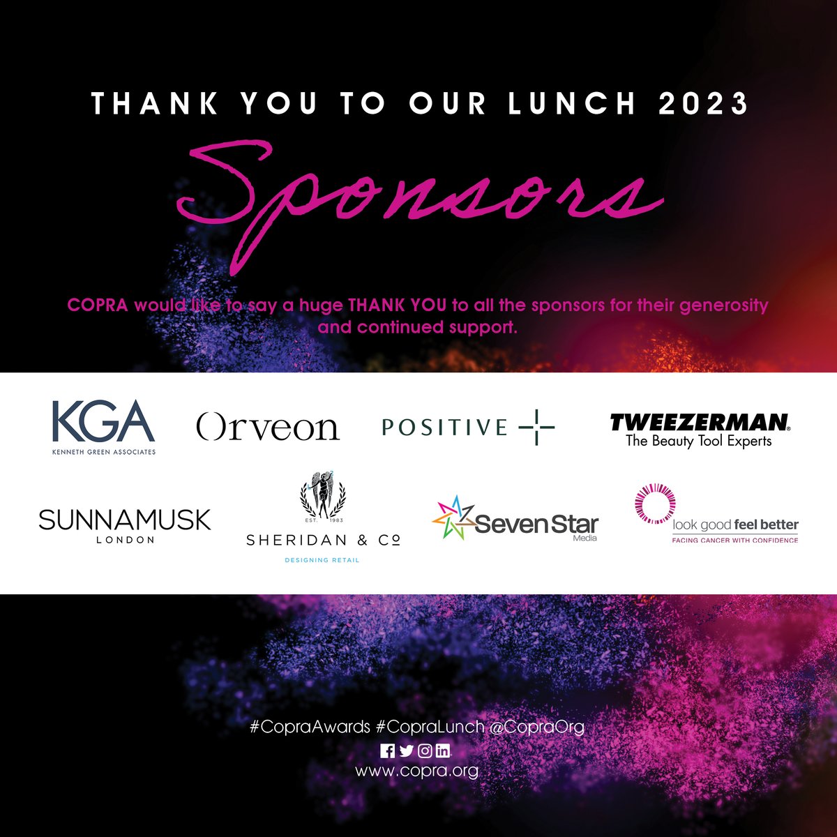 A huge ‘Thank You’ to all of our fabulous Copra Awards Lunch 2023 Sponsors &amp; Supporters!
Sponsoring our events makes it possible for Copra - Cosmetic &amp; Perfumery Retailers Association to continue fundraising for our Industry Charity Look Good Feel Better UK